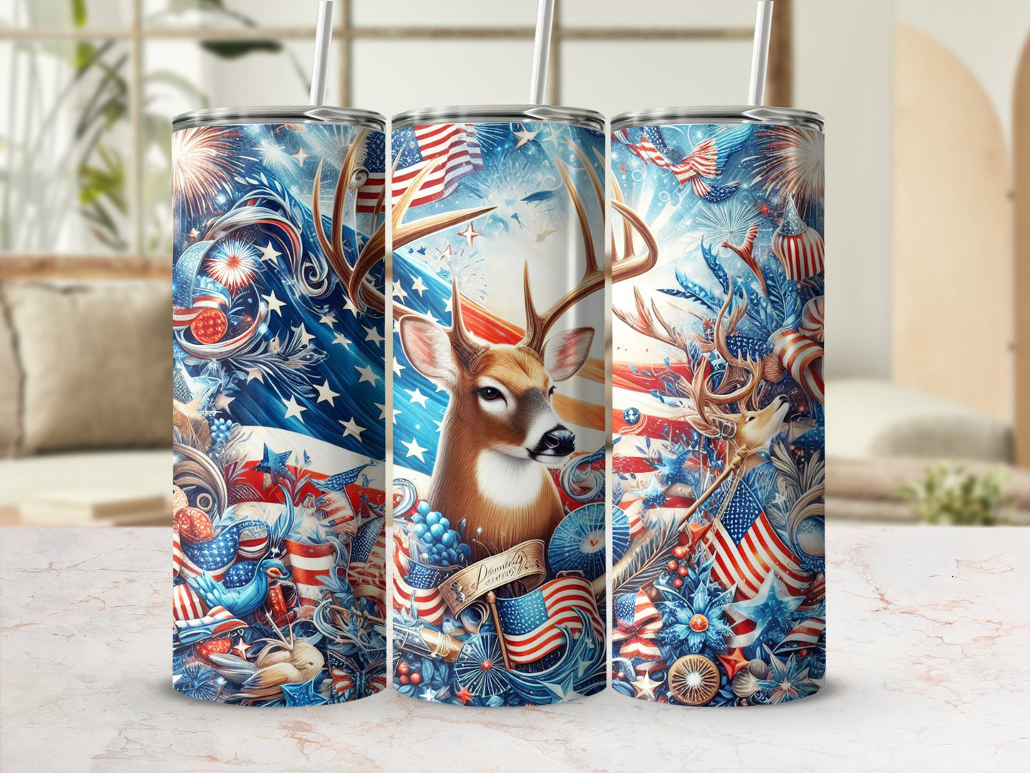 Three tumblers featuring a patriotic deer and fireworks design.