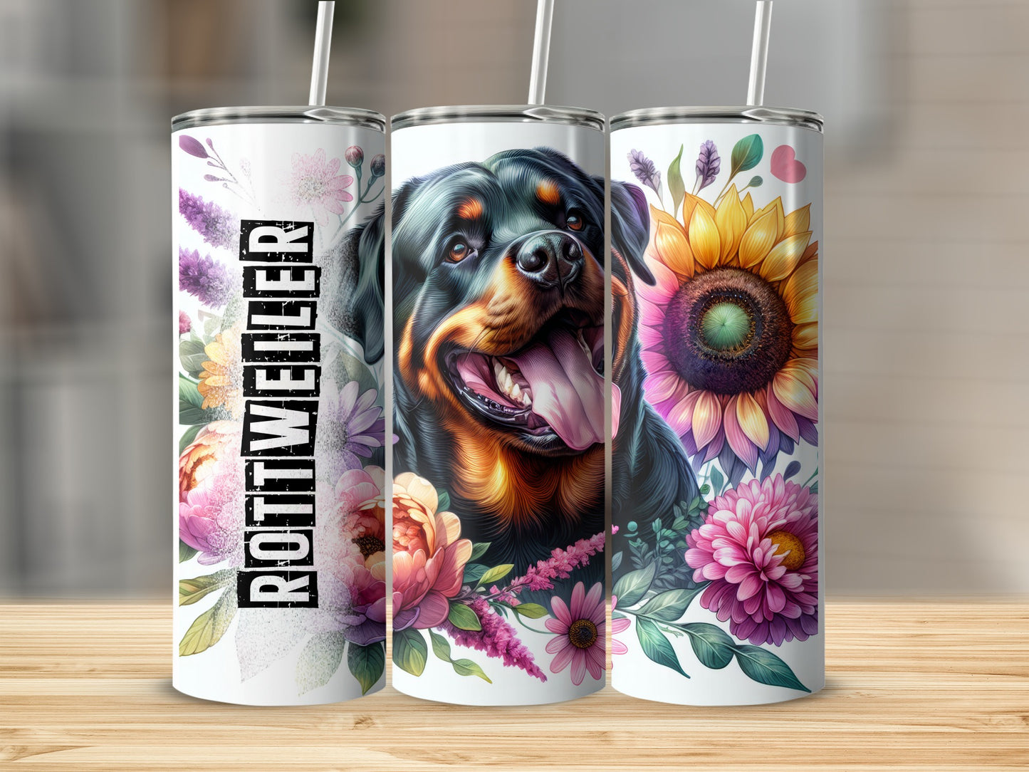 Rottweiler on a floral tumbler with sunflowers and peonies.