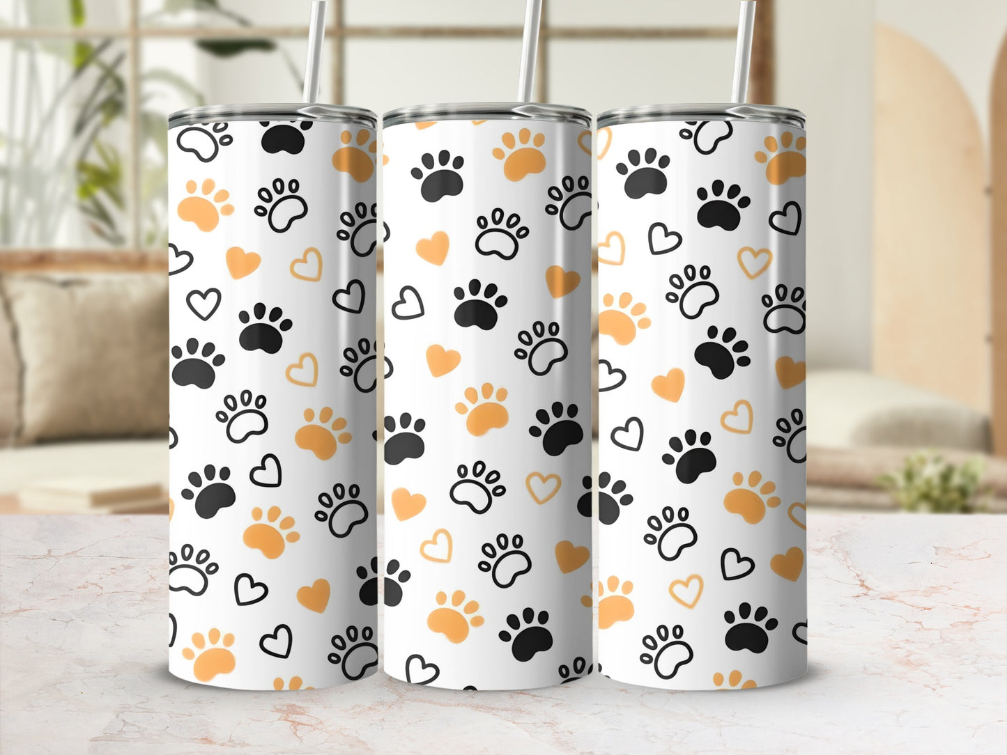 Cute Paw Prints and Hearts Patterned Tumbler
