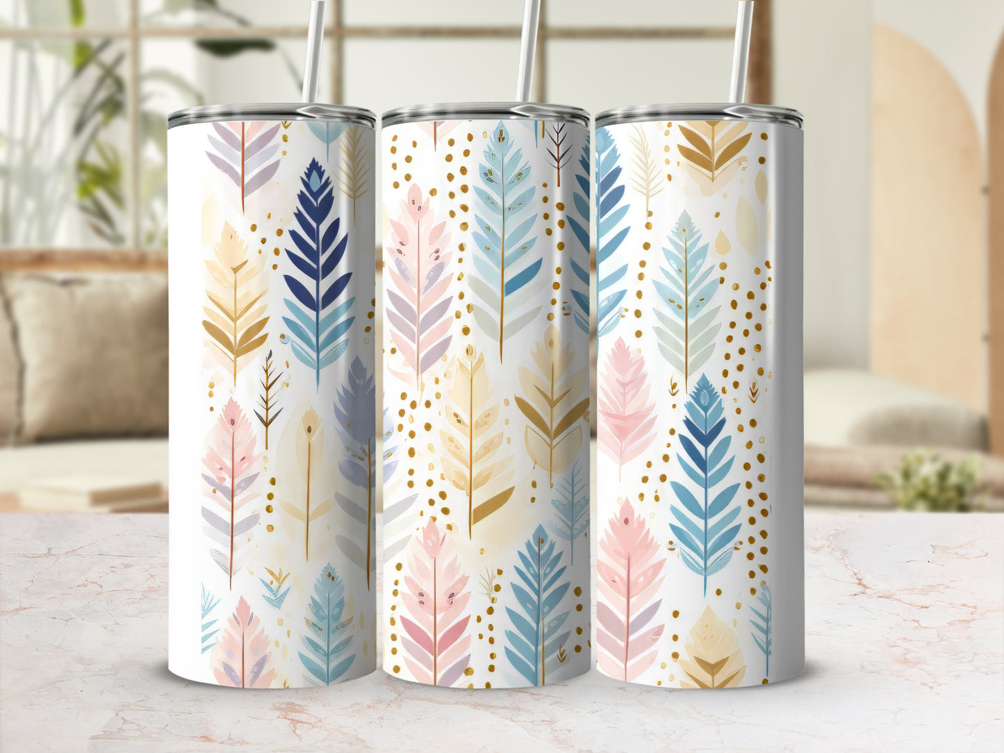 Colorful Feather Patterned Tumbler for Beverages Decoration