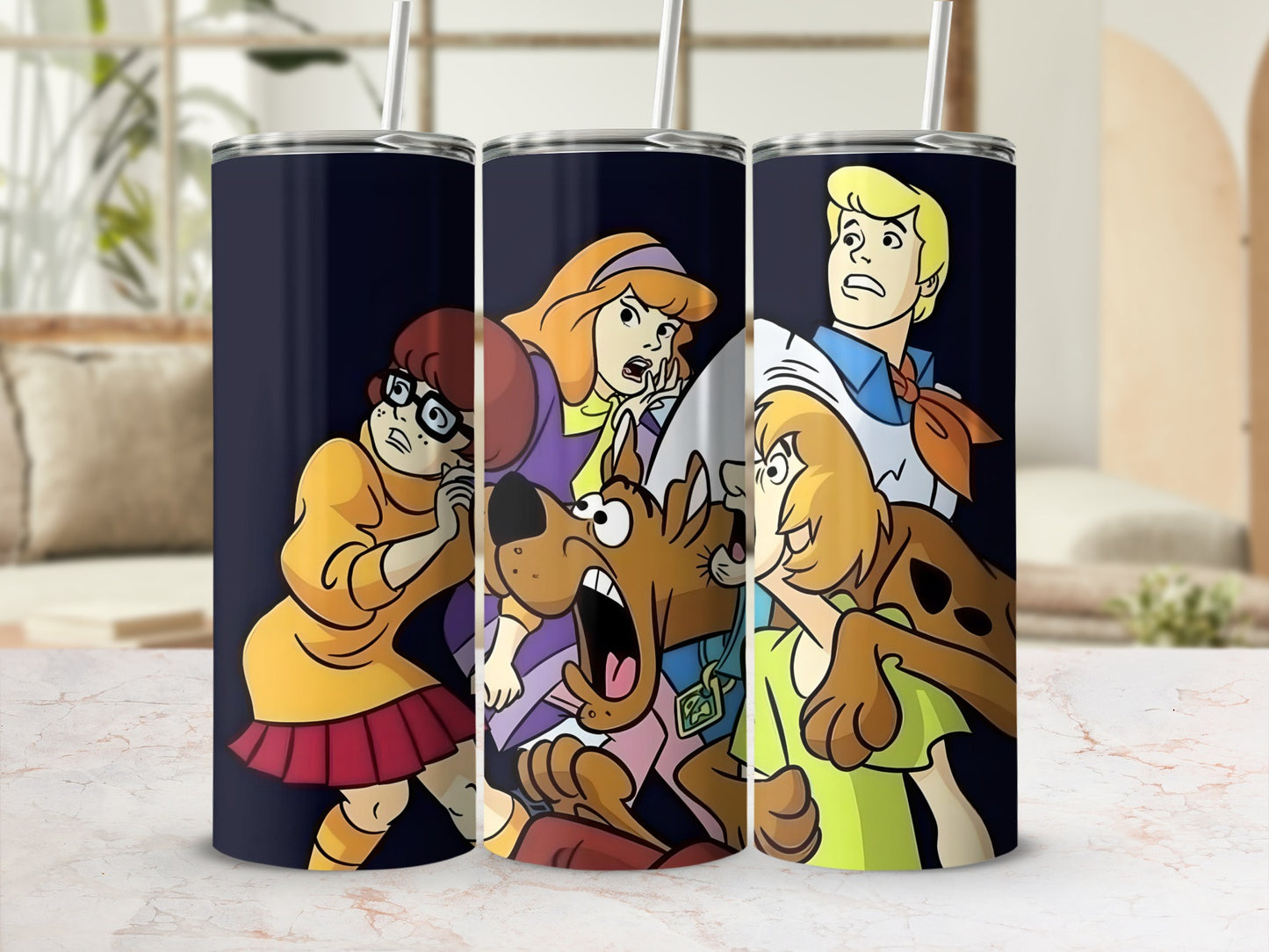 Scooby-Doo, Shaggy, Velma, and Daphne stand together on a dark background.