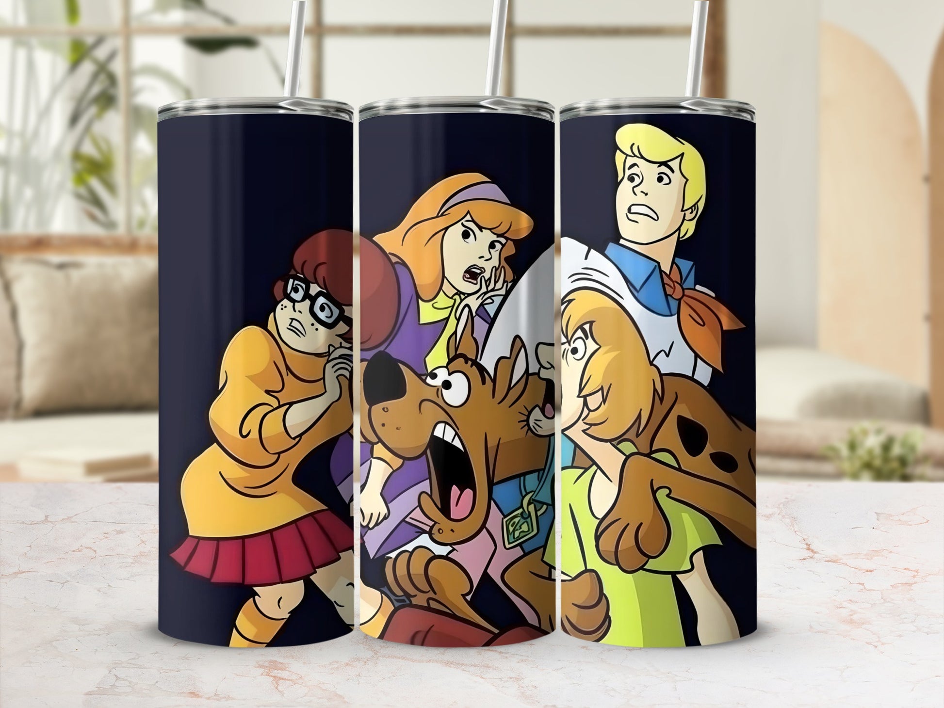 Scooby-Doo, Shaggy, Velma, and Daphne stand together on a dark background.