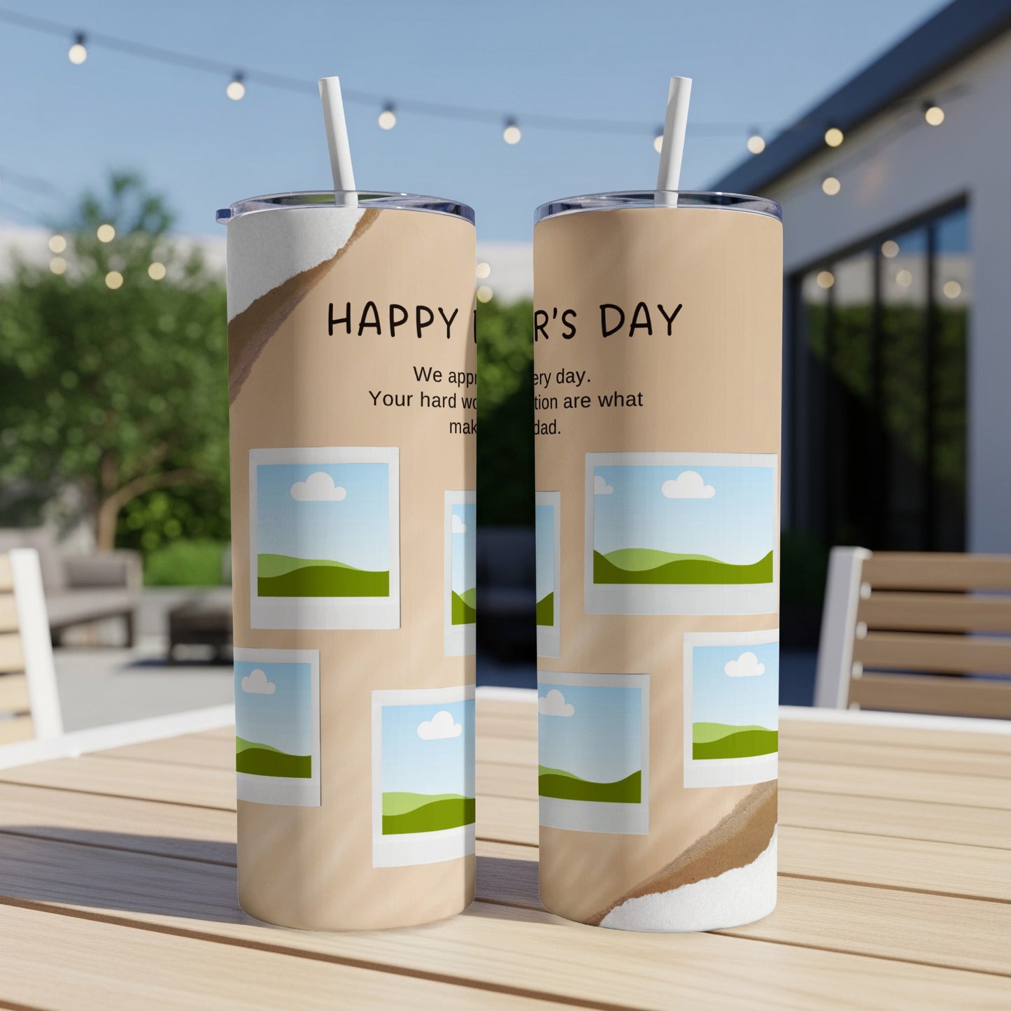 Two tumblers with "Happy Father's Day" text and photo placeholders.
