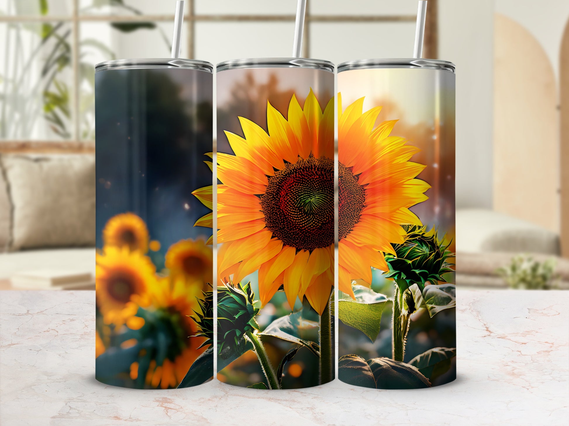 Three sunflowers on a white marble surface, with bokeh background.