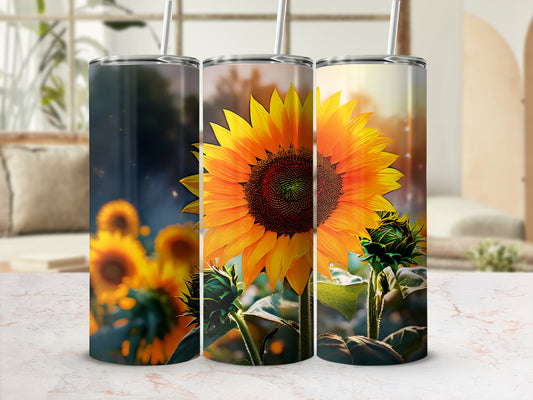 Three sunflowers on a white marble surface, with bokeh background.