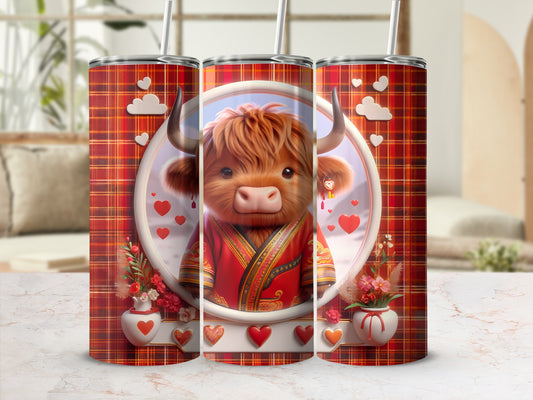 Highland cow with hearts and flowers on a plaid tumbler.