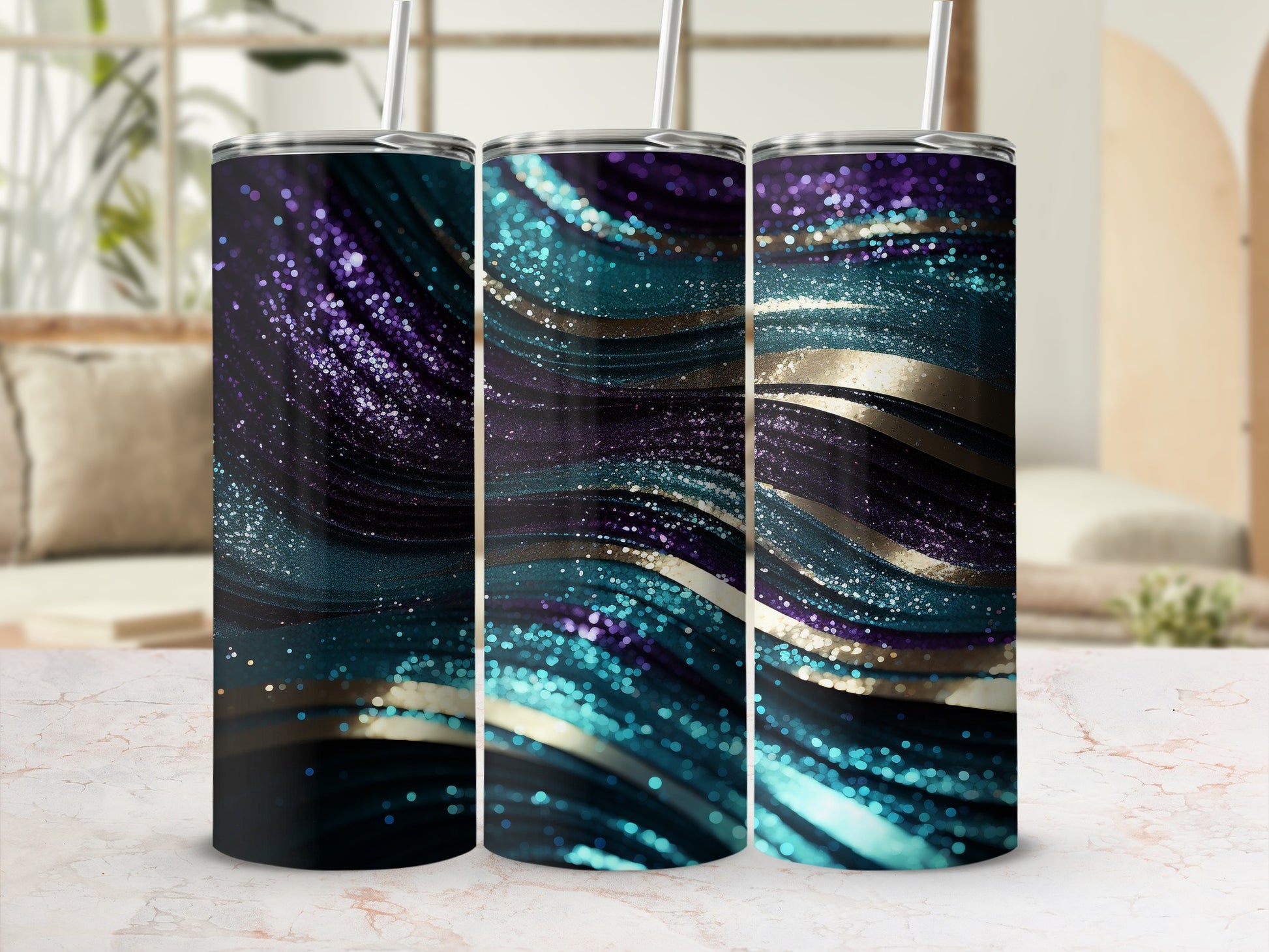 Glittery Teal Purple Gold Swirl Pattern Tumbler product type
