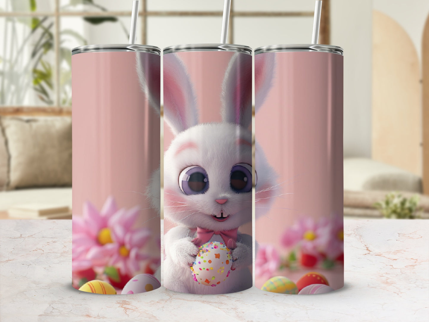 Cute white bunny holding an Easter egg, surrounded by flowers.