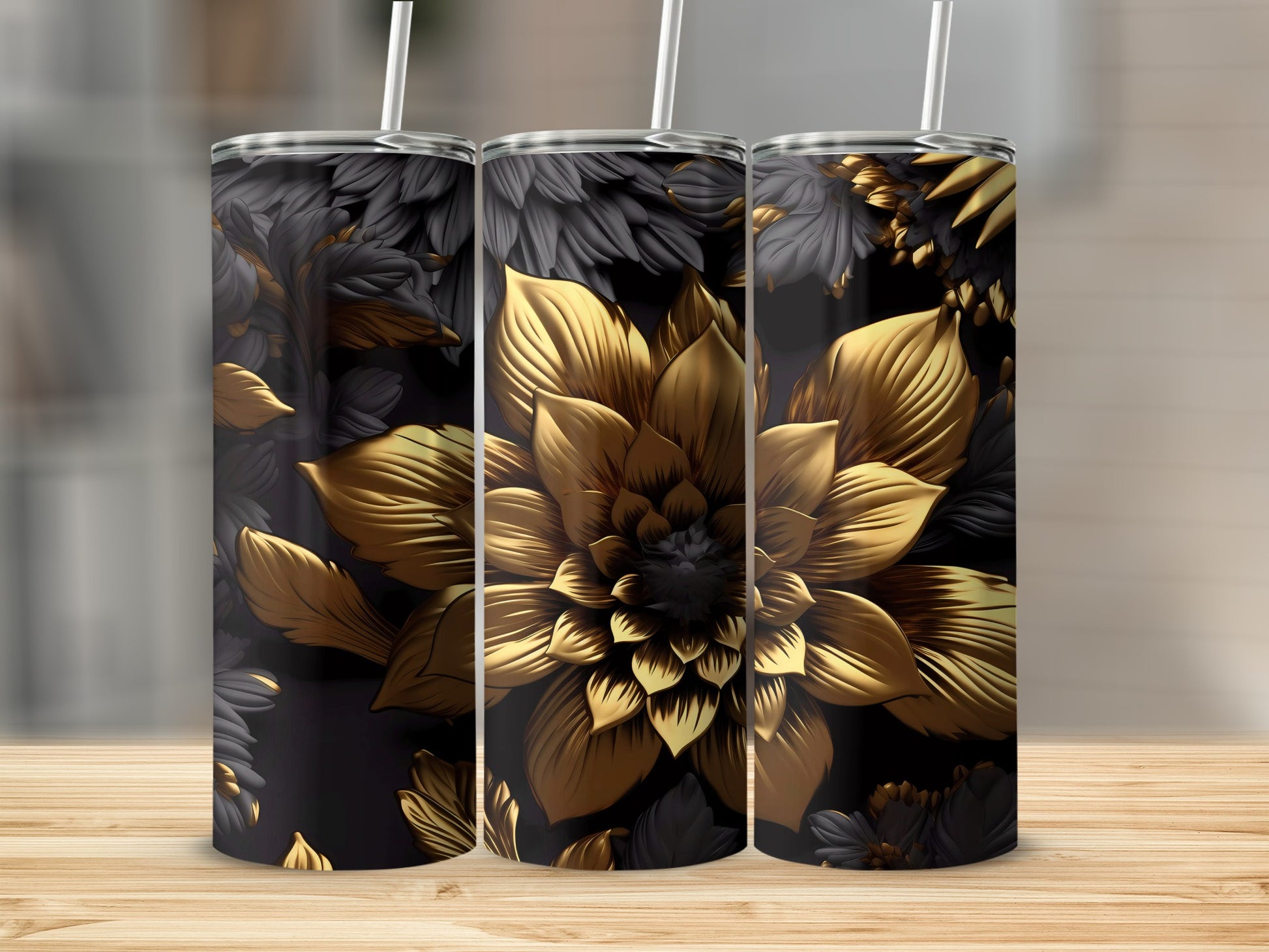Elegant Black and Gold Floral Tumbler with Straw
