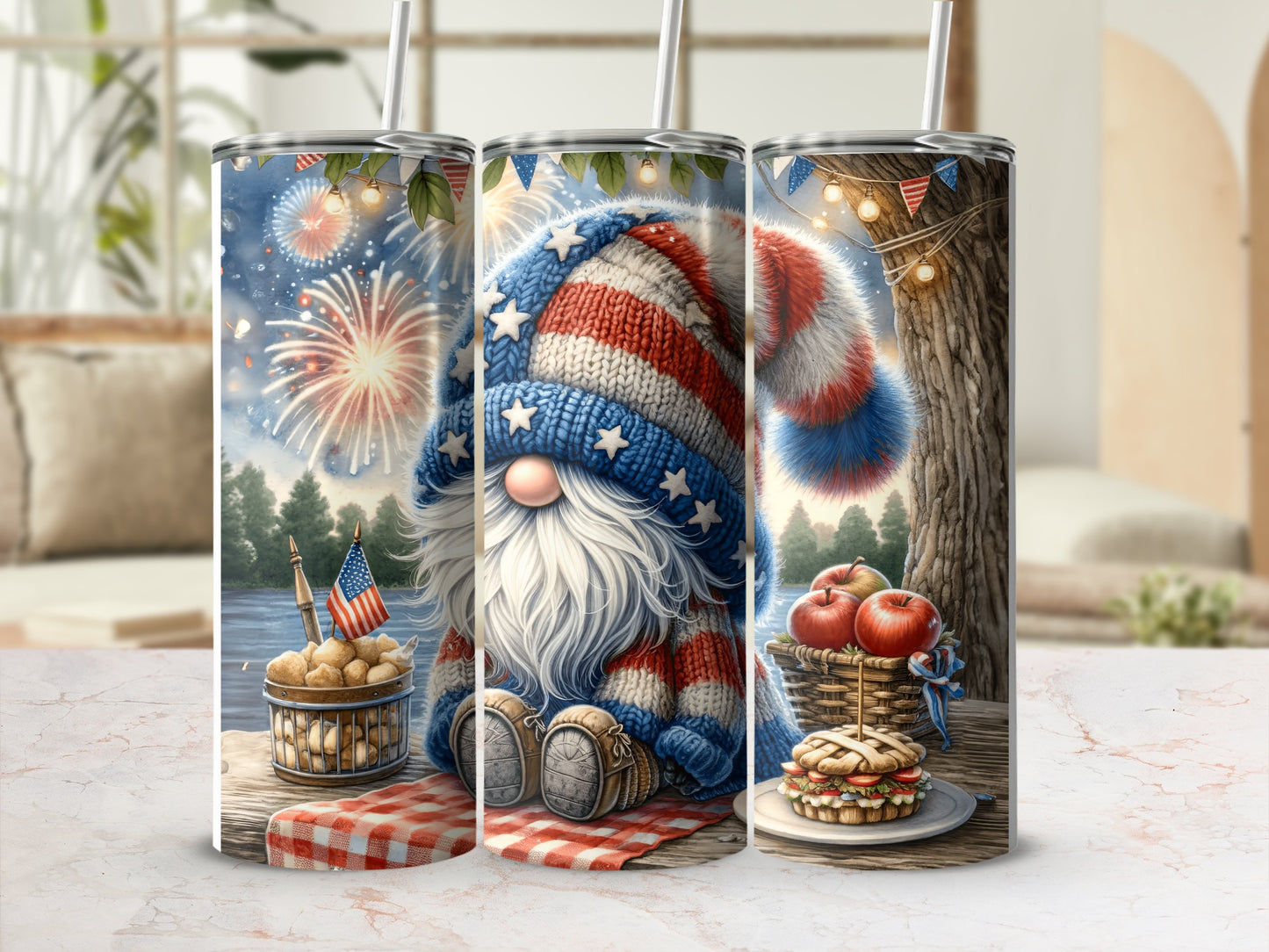 Gnome with American flag hat and patriotic snacks, on a tumbler design.