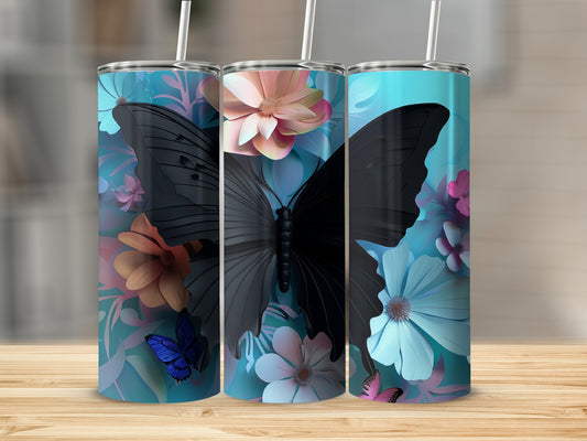 Three teal tumblers with black butterfly and floral designs.