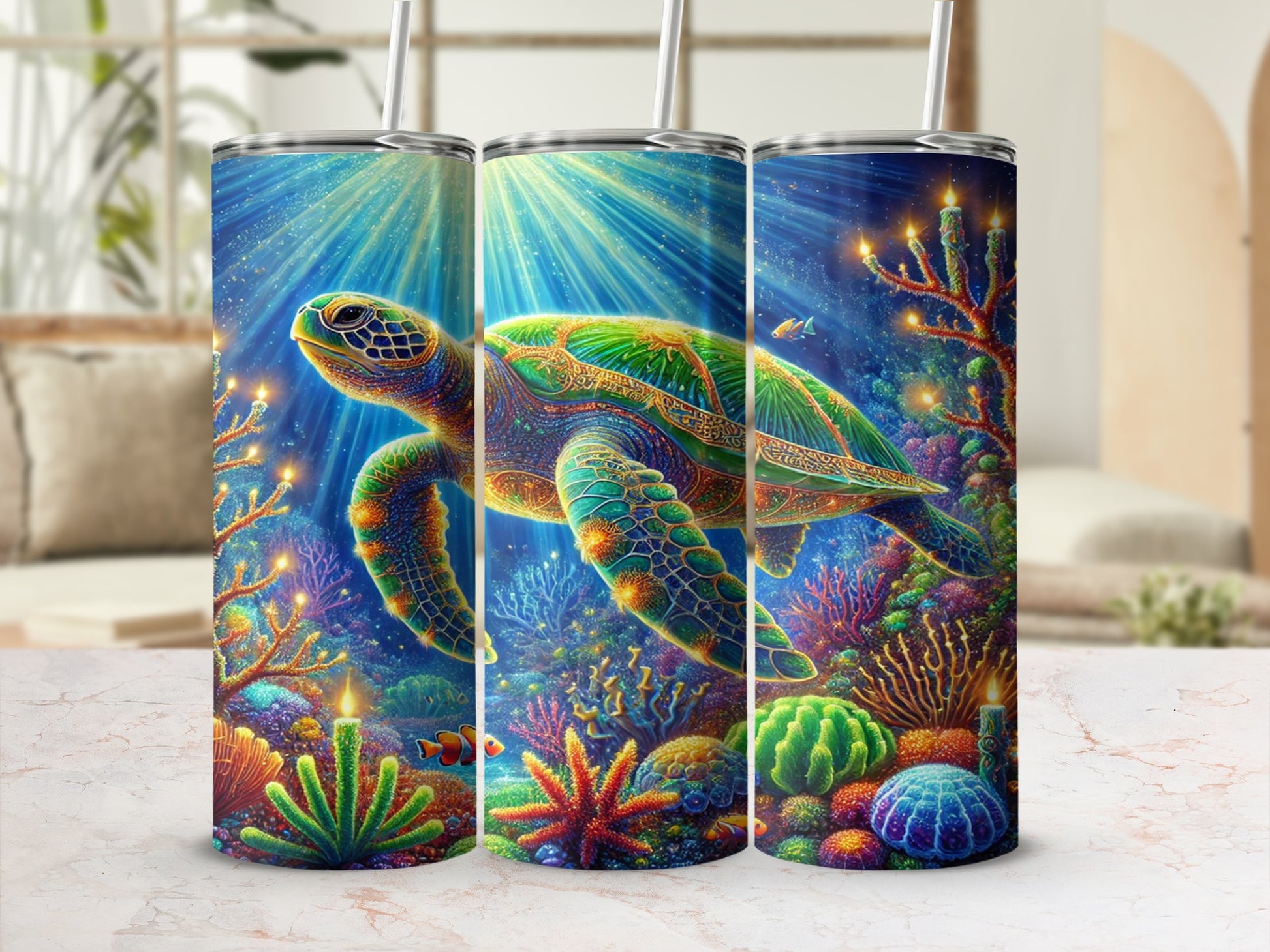 Vibrant Underwater Sea Turtle Tumblers for Summer Fun