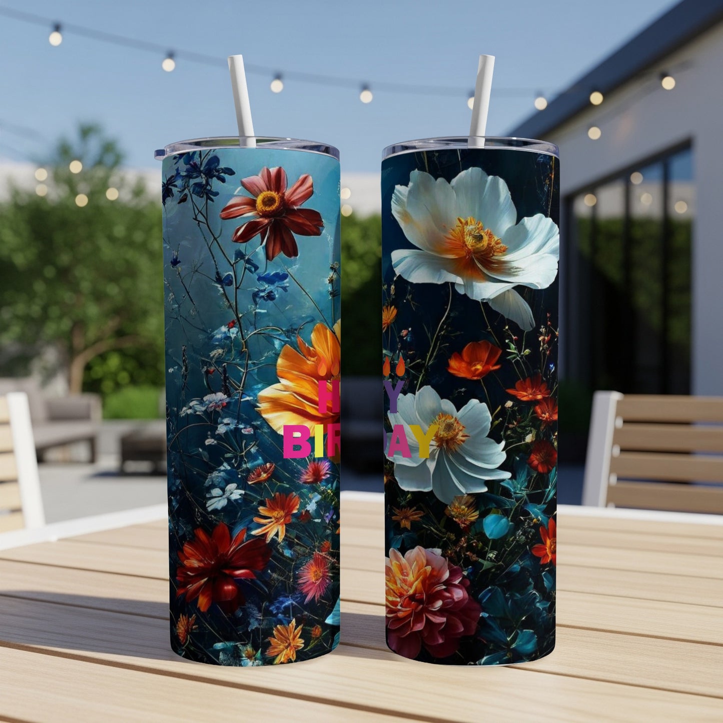 Two tumblers with floral designs and "Happy Birthday" text on a table.