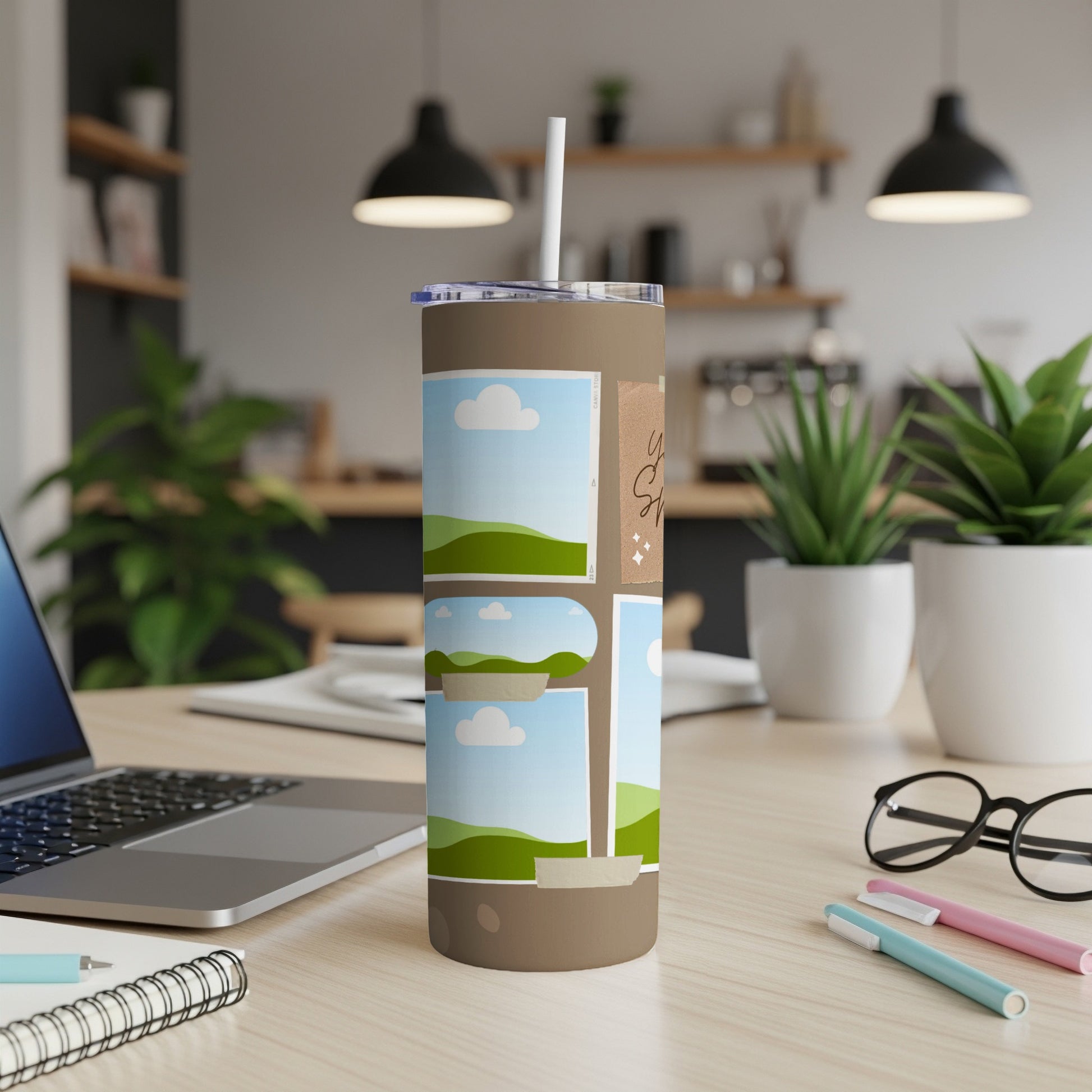 Brown tumbler with a collage of landscape photos and text.