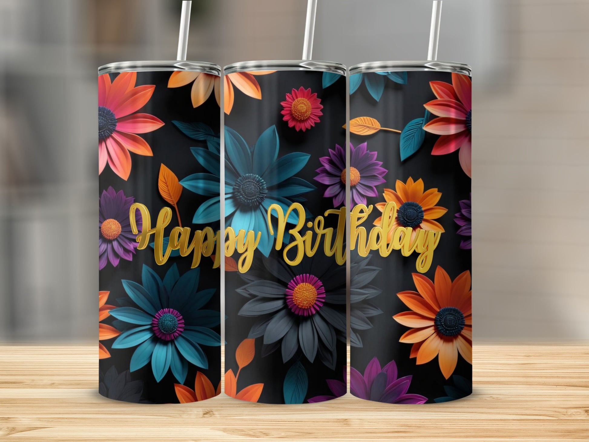 Black tumbler with colorful floral pattern and "Happy Birthday" text.