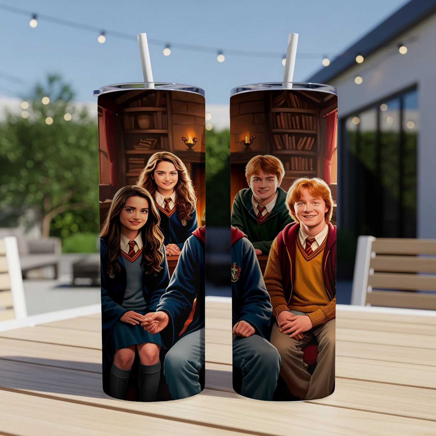 Harry Potter characters in Hogwarts uniforms on a themed tumbler.