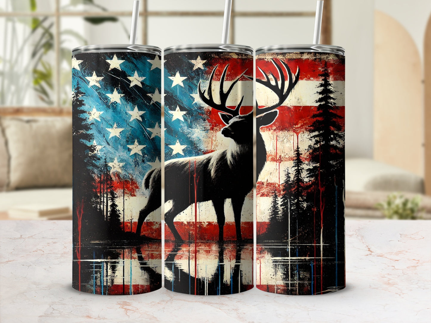 Patriotic Deer and Forest Scene Insulated Tumbler