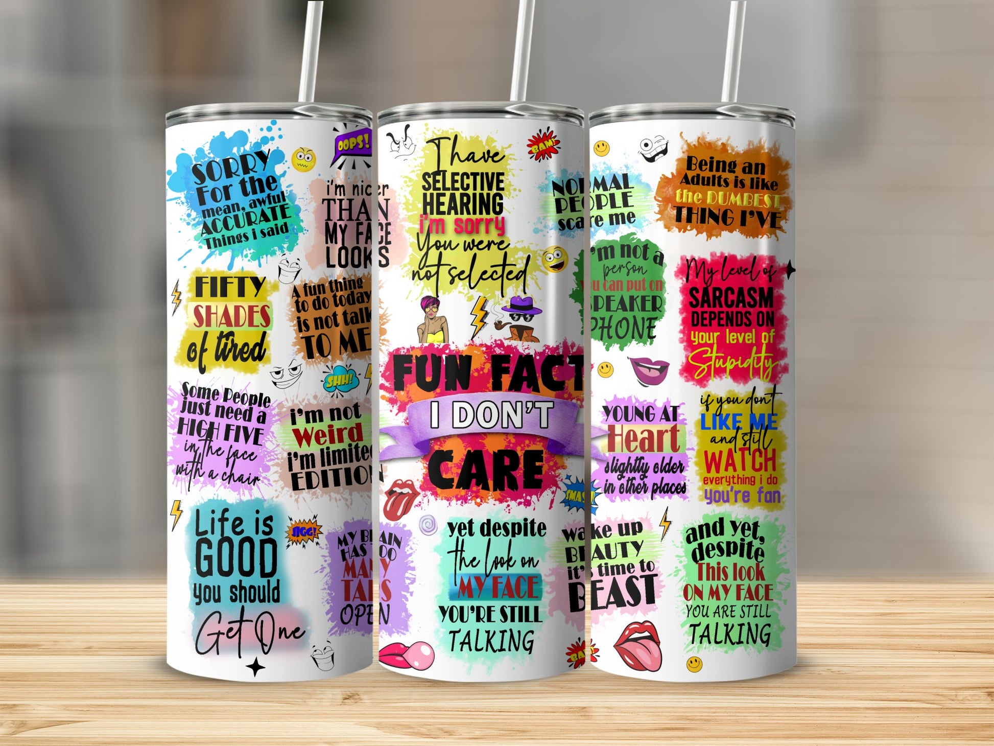 Three tumblers with humorous text and designs: "Fifty Shades of Tired," "Fun Fact I Don't Care," and "Being an Adult."