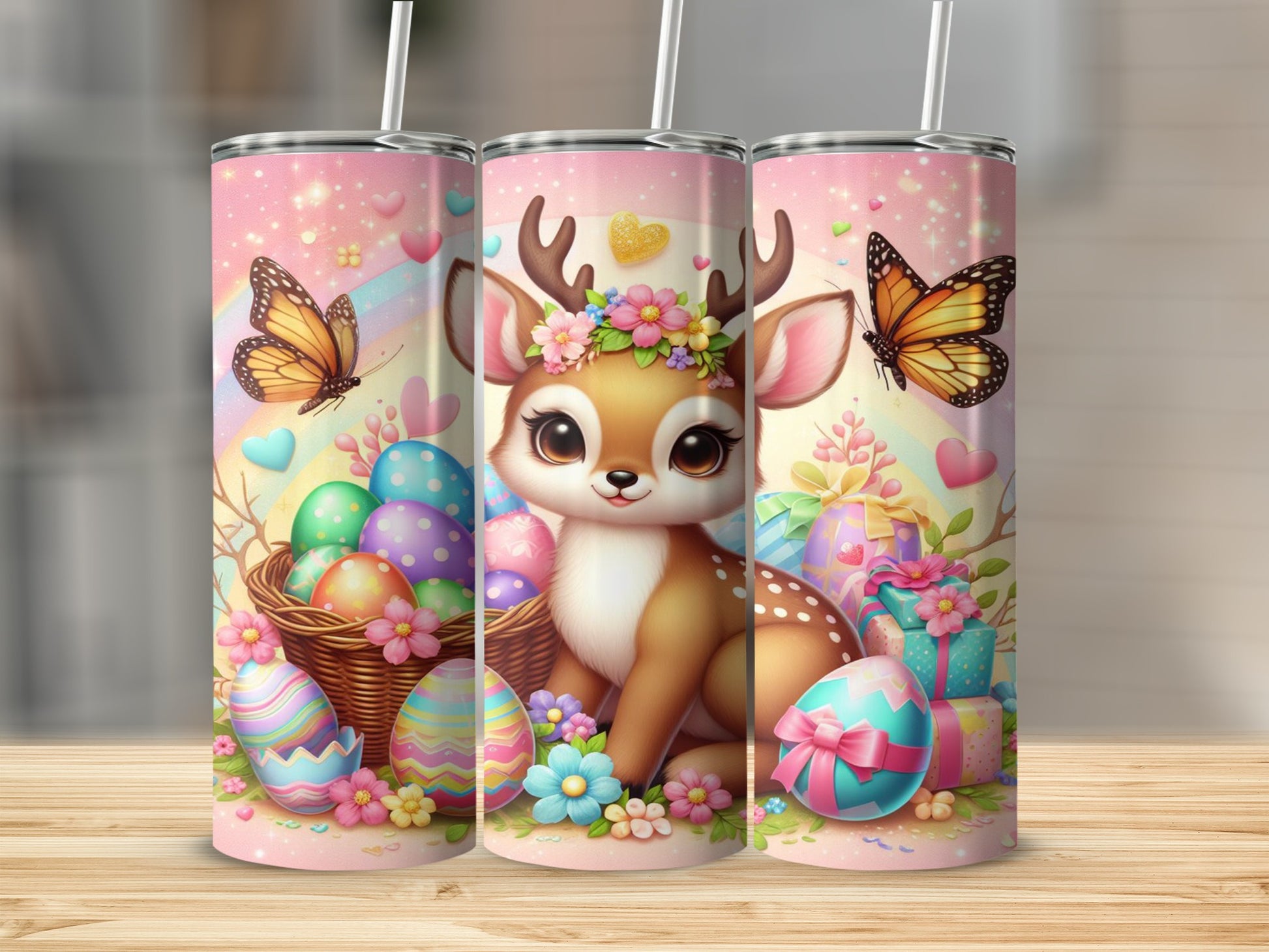 Easter tumbler with deer, Easter eggs, butterflies, and flowers.