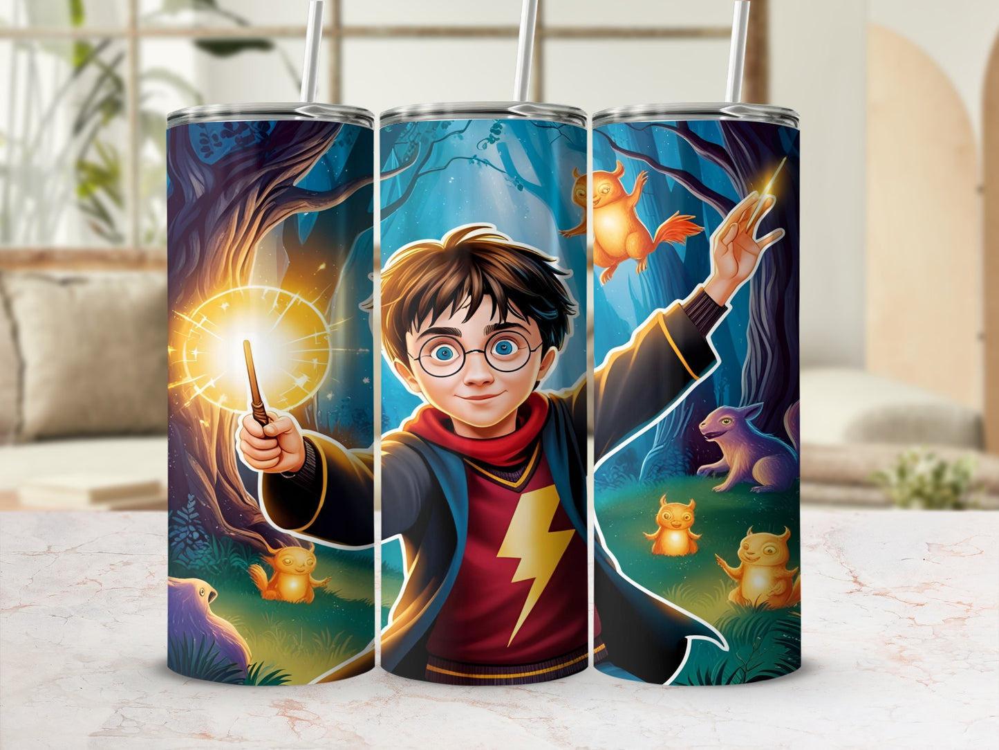 Harry Potter holding wand with glowing magic, surrounded by forest creatures.