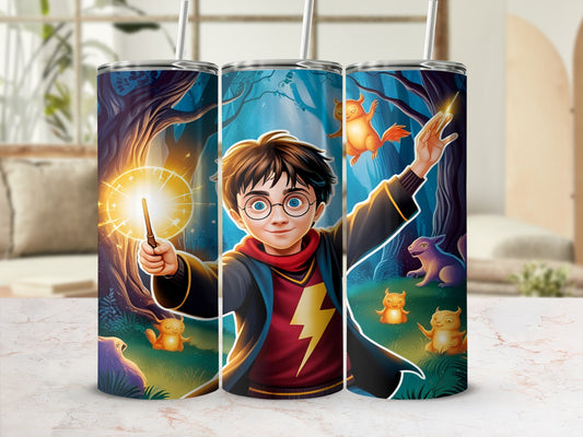 Harry Potter holding wand with glowing magic, surrounded by forest creatures.