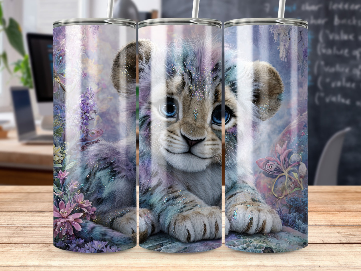 Adorable Colorful Lion Cub with Floral Butterfly Tumbler