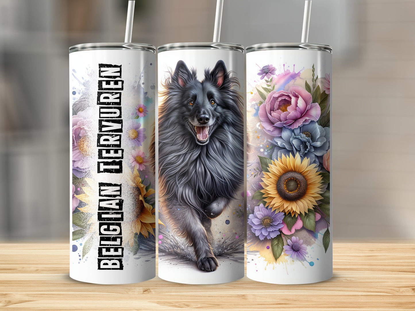 Three tumblers featuring a Belgian Tervuren dog and floral designs.