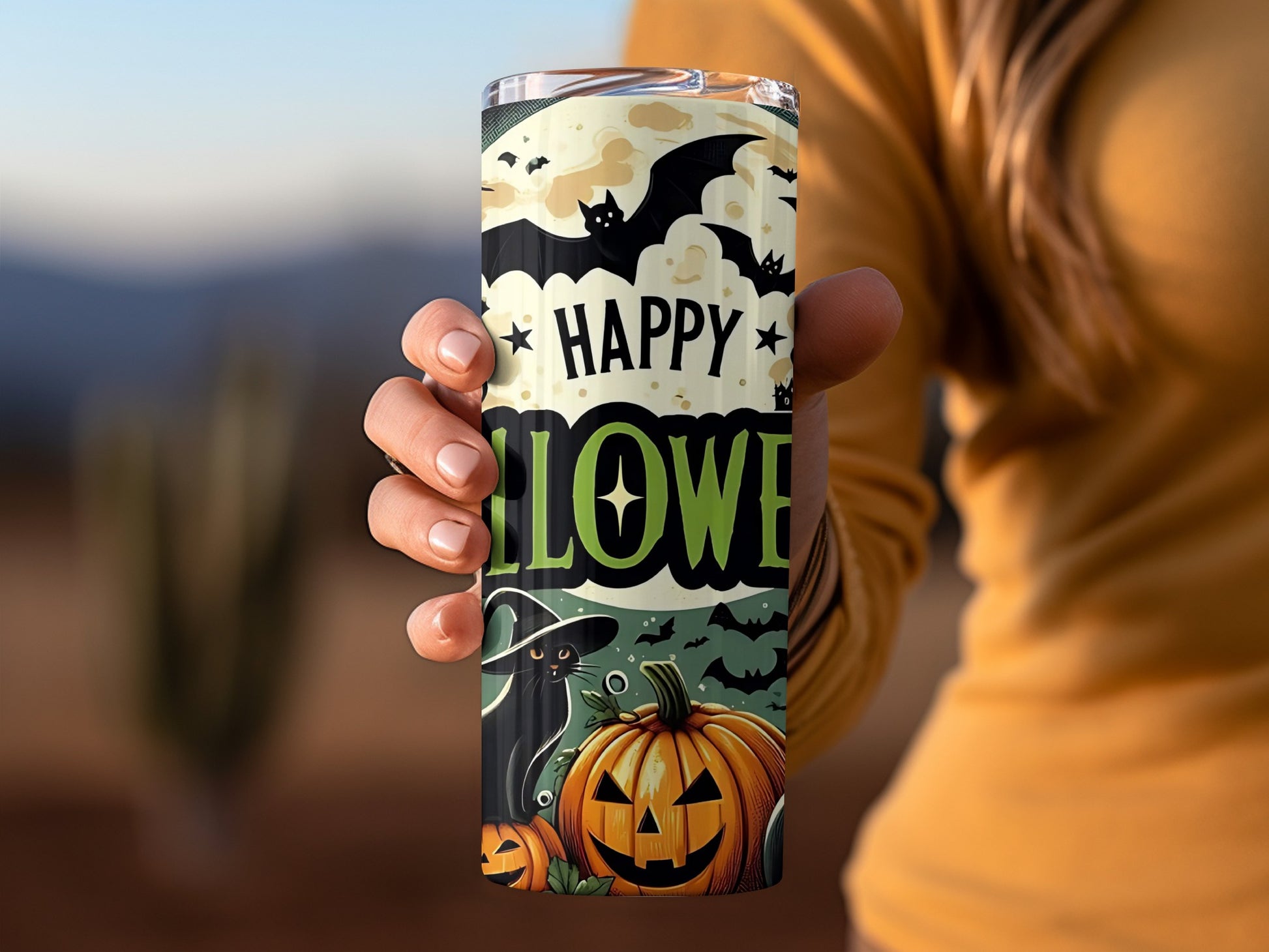 Happy Halloween Pumpkin and Bat Design Tumbler