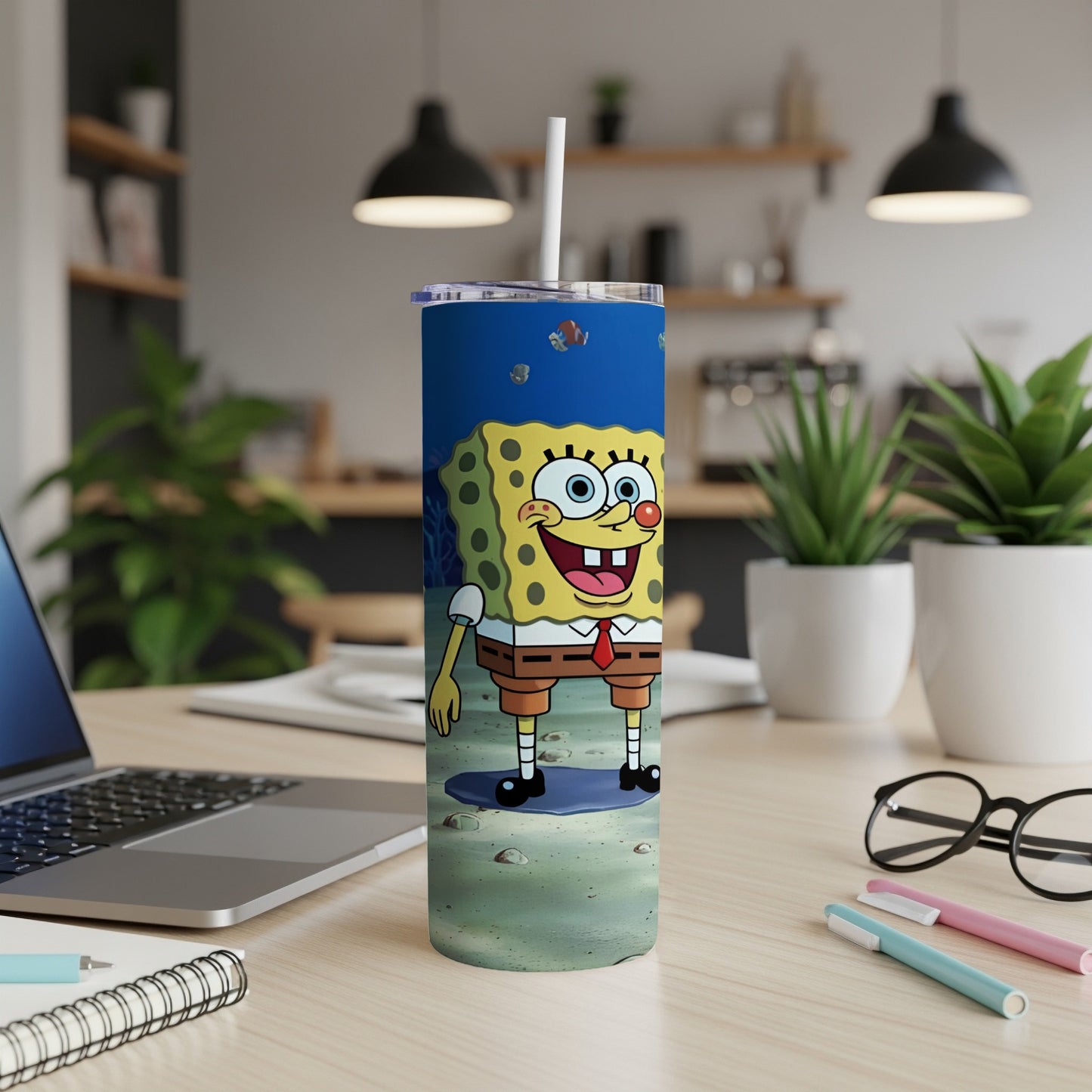 SpongeBob SquarePants standing on a sandy ocean floor with coral and fish.