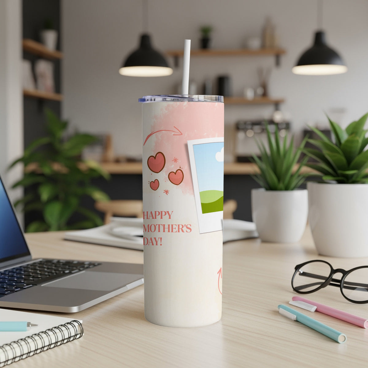 Tumbler with pink watercolor, hearts, and "Happy Mother's Day" text.