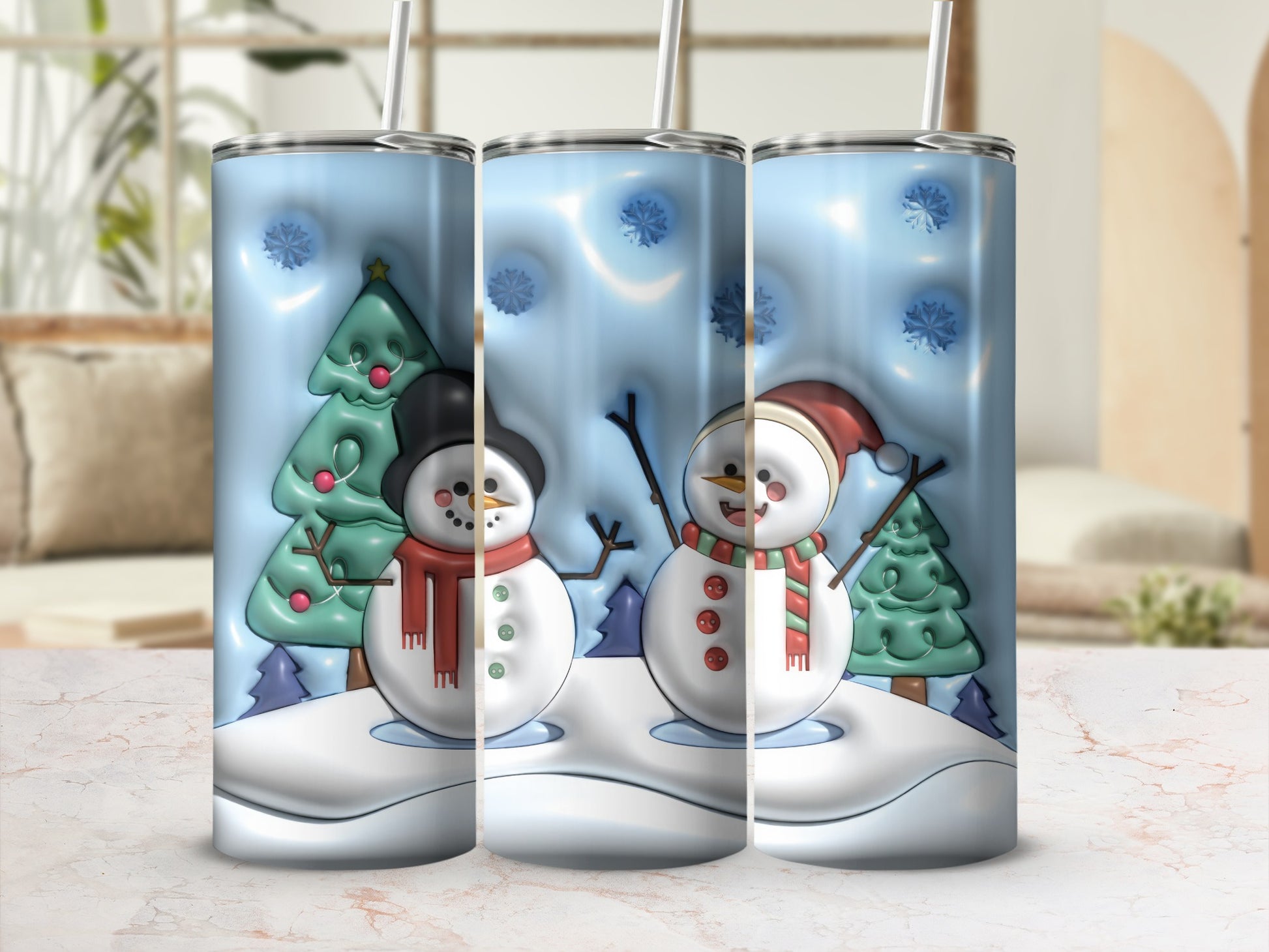 Festive Snowman Tumbler with Christmas Tree Design