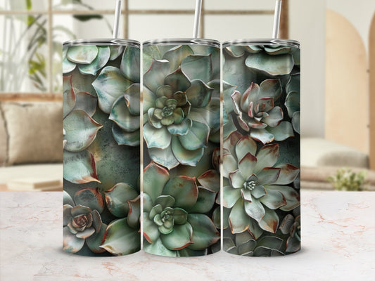 Three tumblers featuring a close-up pattern of green succulents.