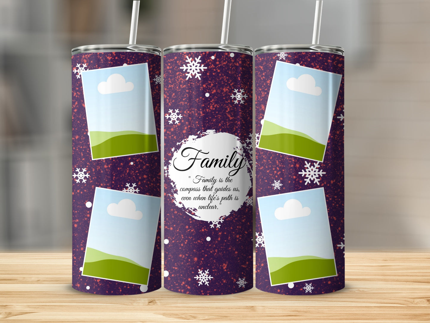 Purple tumblers with snowflakes, photo frames, and the quote "Family is the compass."
