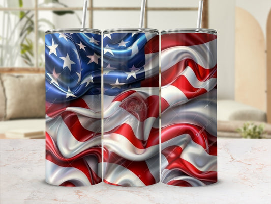 American flag design on three tumblers with straws.