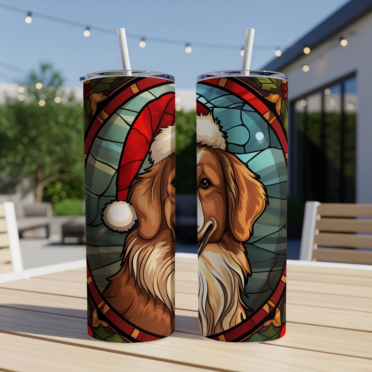 Dog wearing Santa hat in stained glass design on two tumblers.