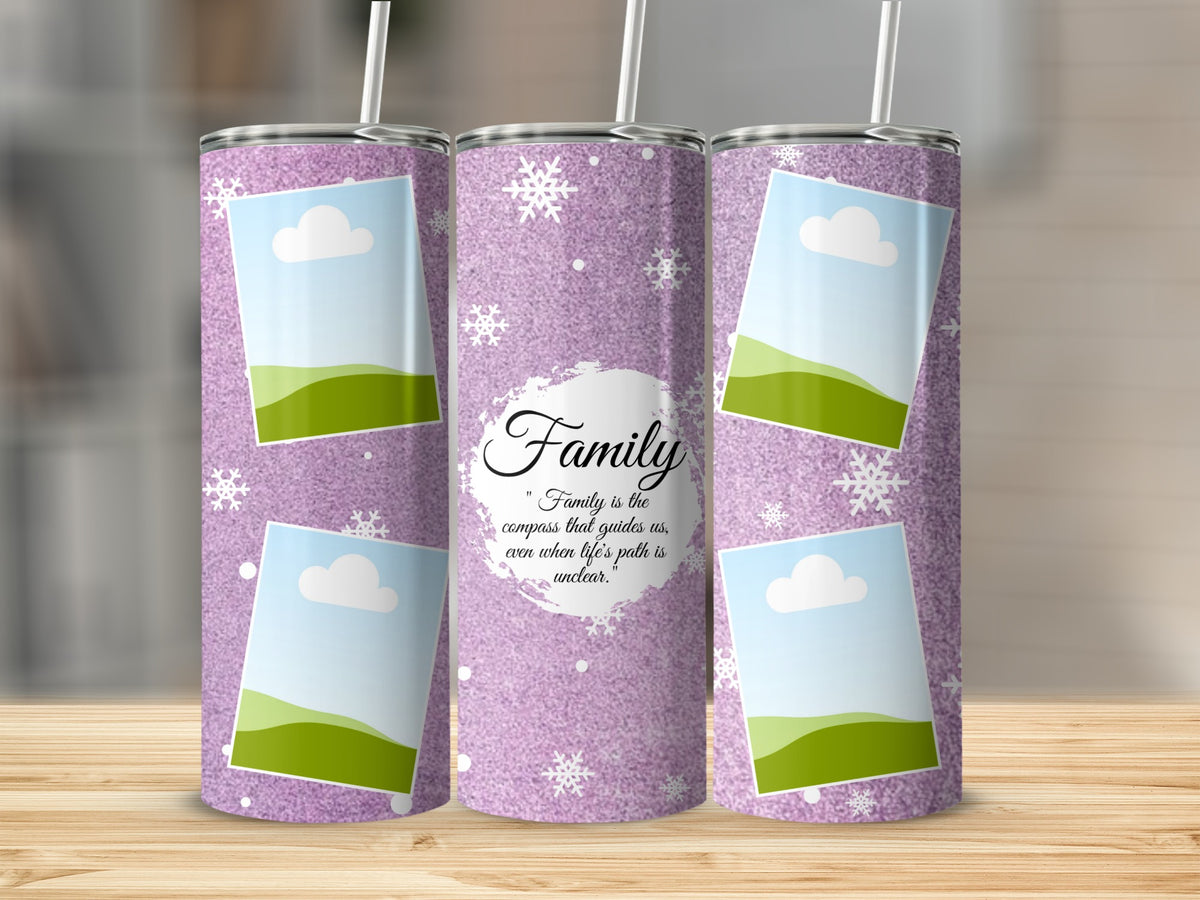 Purple glitter tumbler with snowflake designs and "Family" quote.