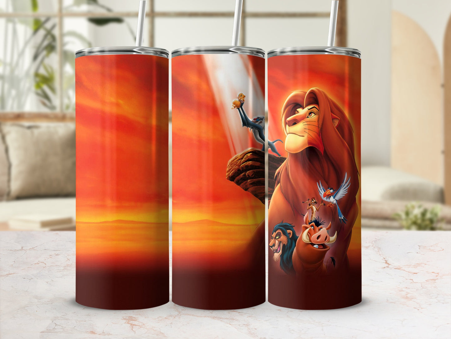 The Lion King characters on a sunset gradient tumbler.
