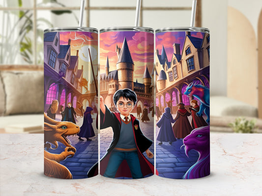 Harry Potter character with dragon and castle background on tumbler.