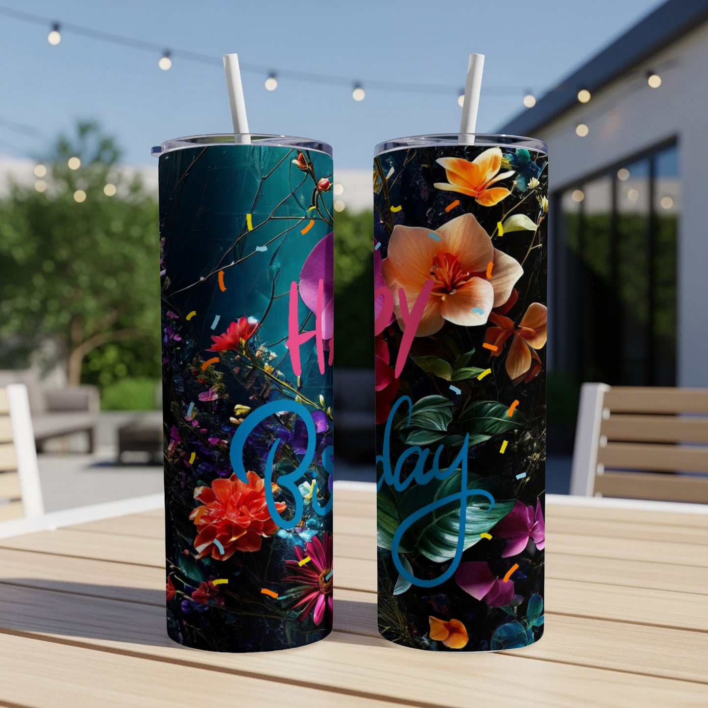 Two tumblers with a "Happy Birthday" design and floral accents.