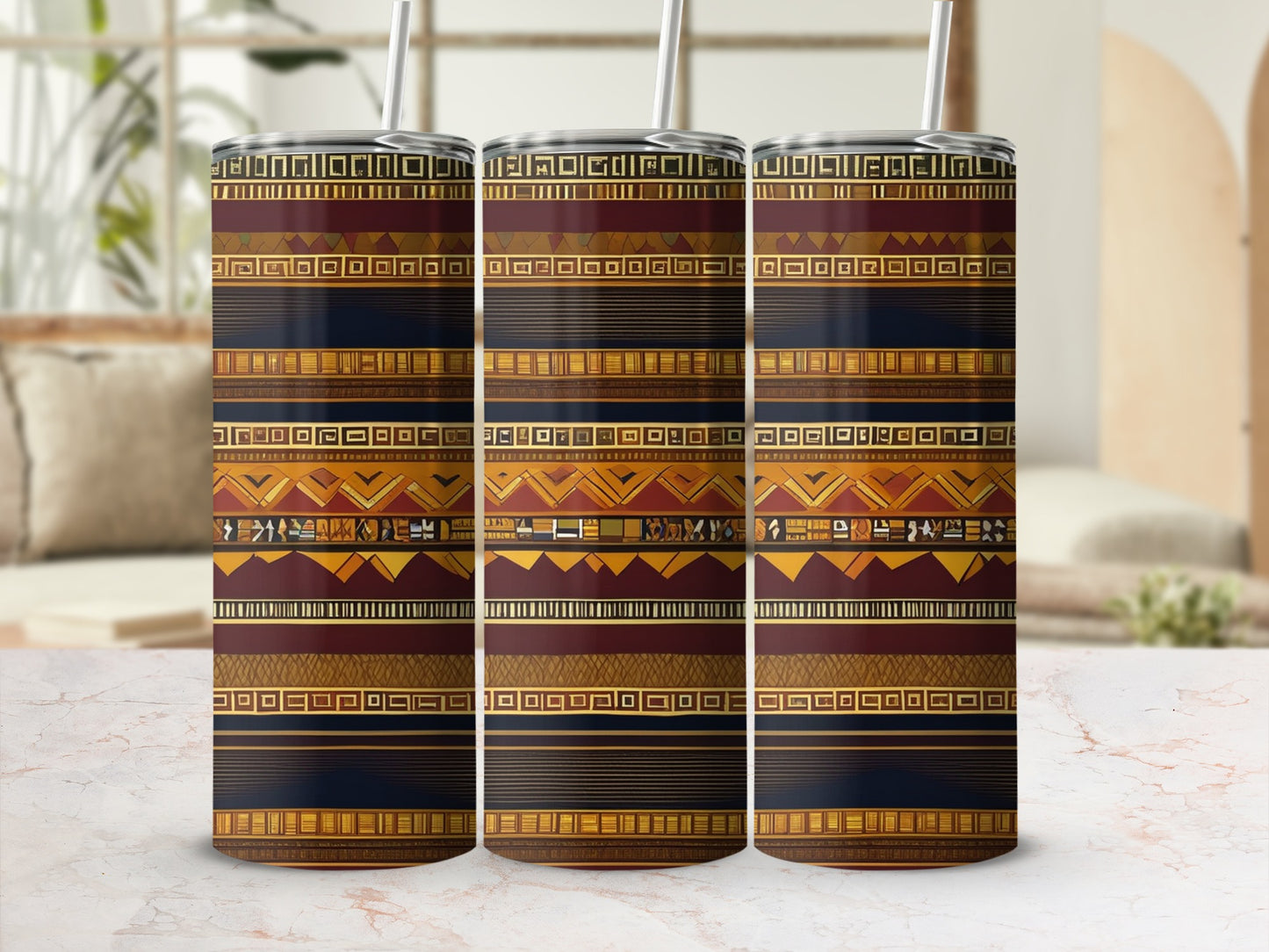 Ethnic Patterned Insulated Tumbler with Straw Tumbler