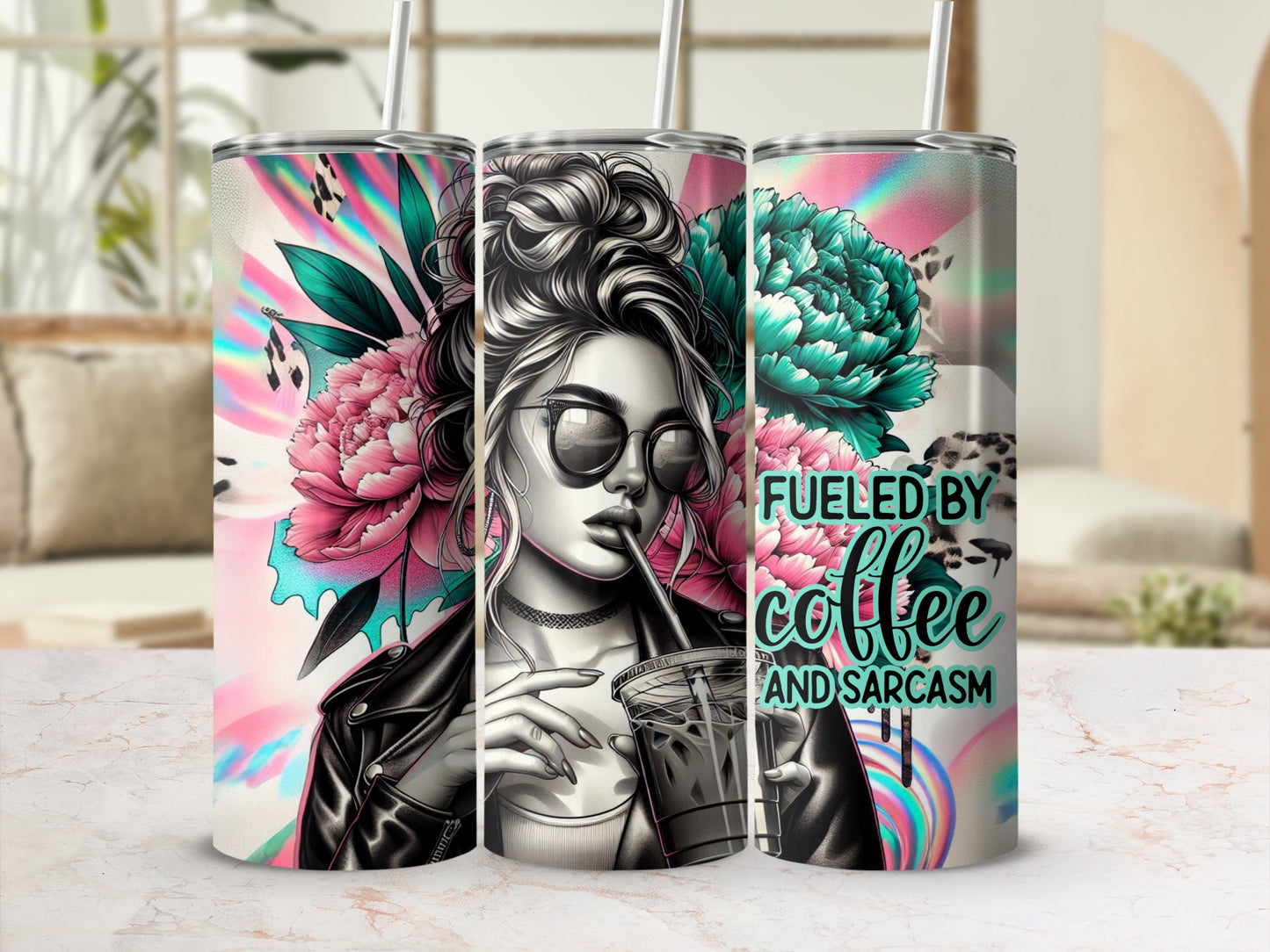 Woman with coffee, floral accents, and "Fueled by coffee and sarcasm" text.