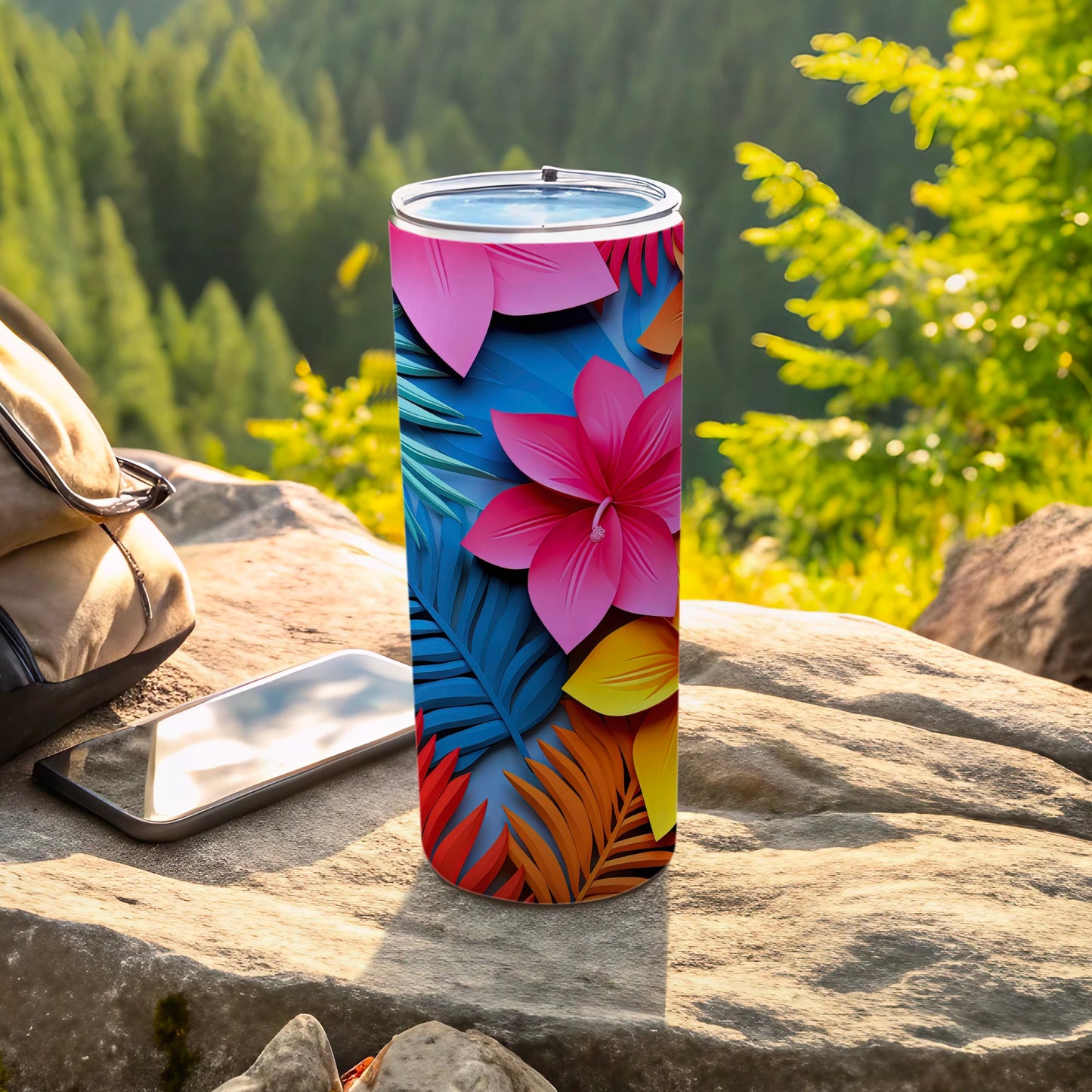 Colorful Floral Design Tumbler with Tropical Print Cup