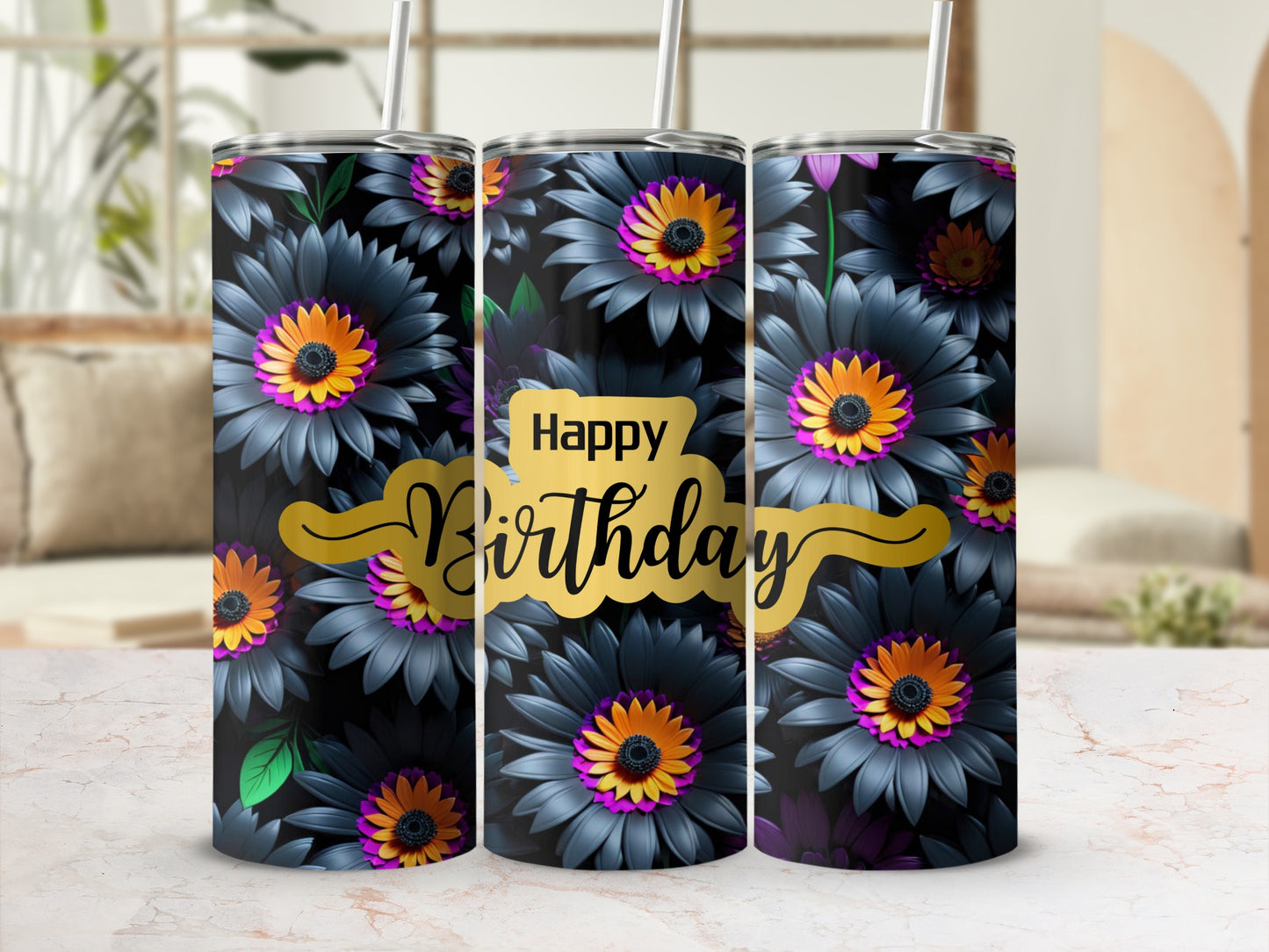 Dark floral tumbler with "Happy Birthday" text on a gold ribbon.
