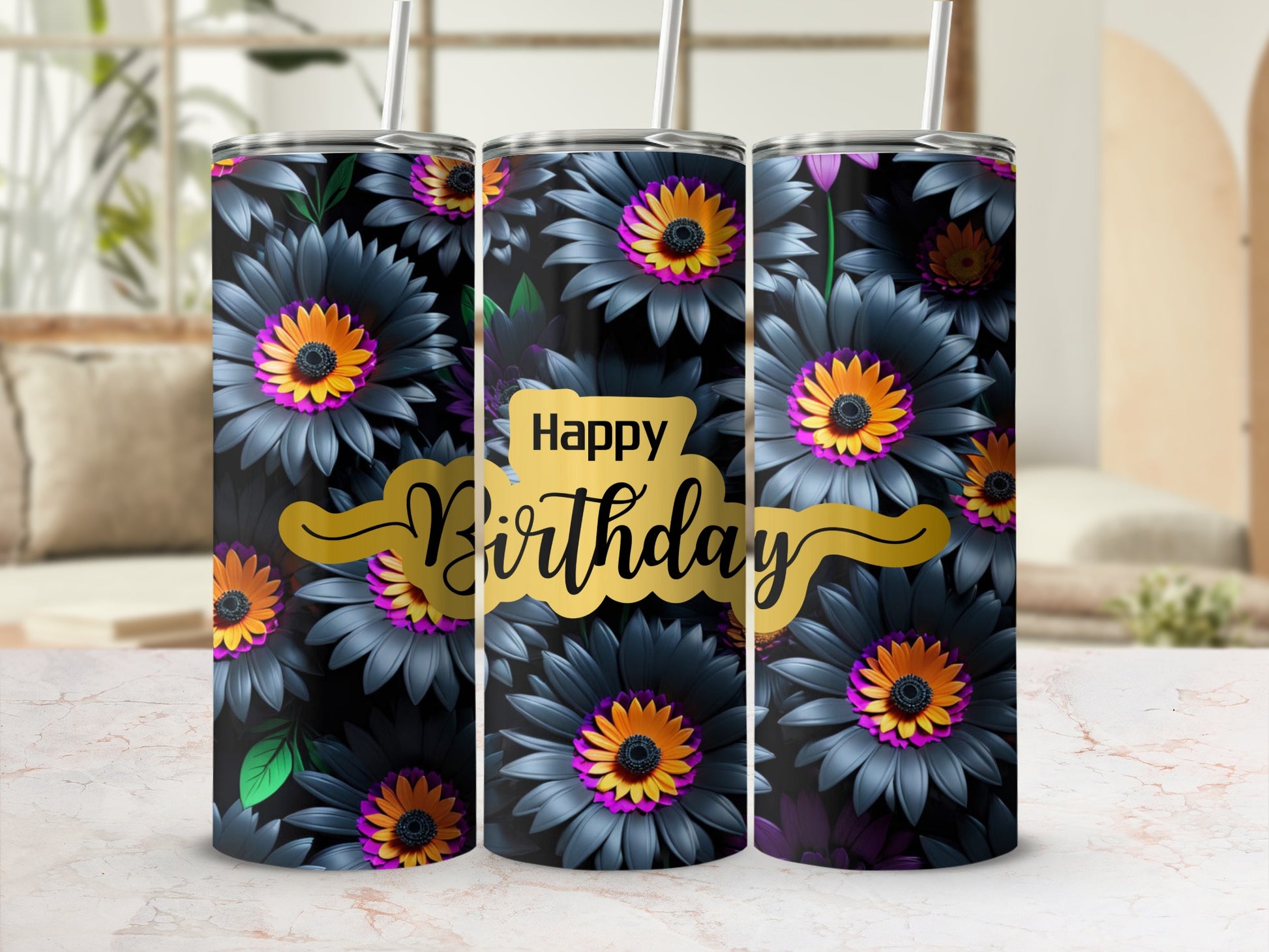 Dark floral tumbler with "Happy Birthday" text on a gold ribbon.