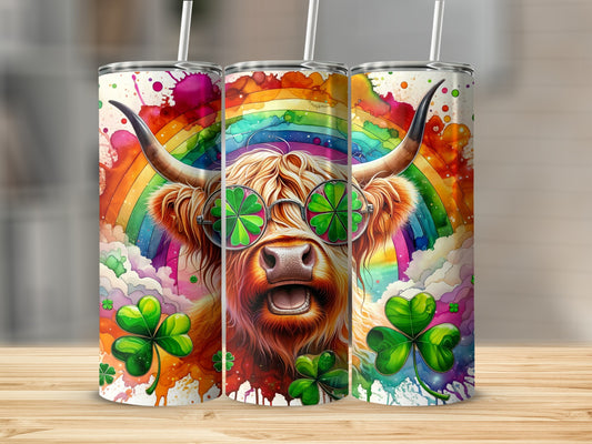 St. Patrick's Day cow with rainbow, shamrocks, and clover glasses.