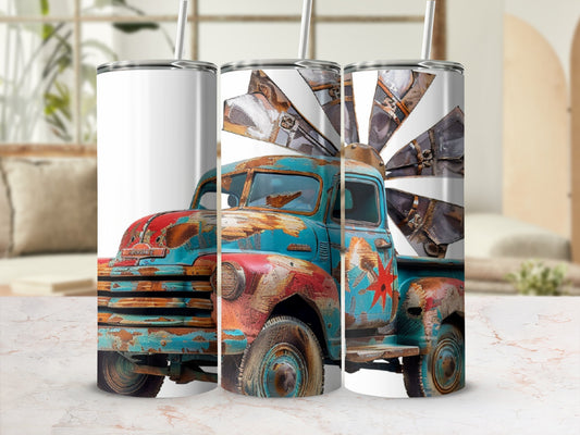 Rusty vintage truck with windmill design on a tumbler.