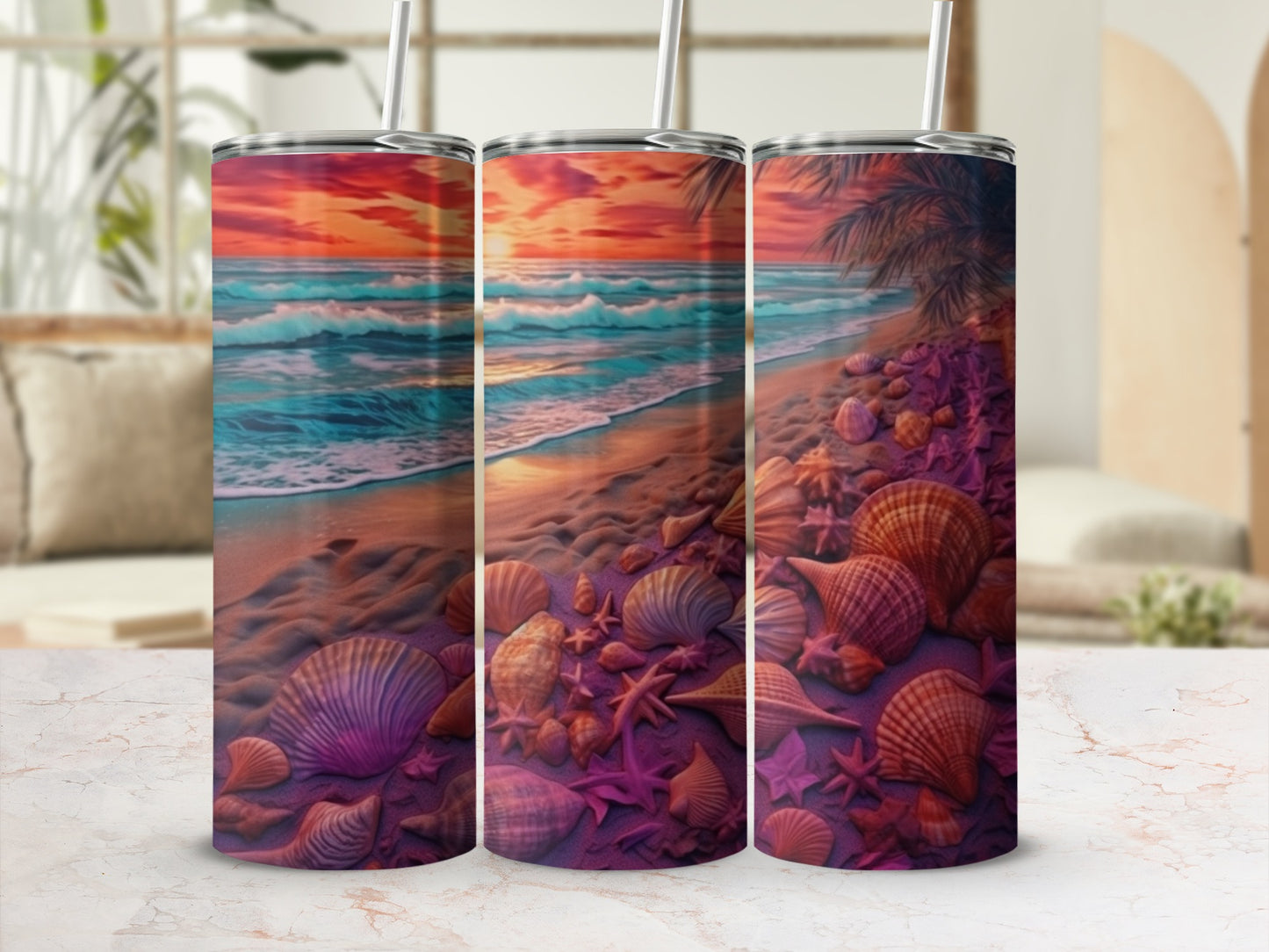 Beach sunset scene with seashells and palm trees on a tumbler.