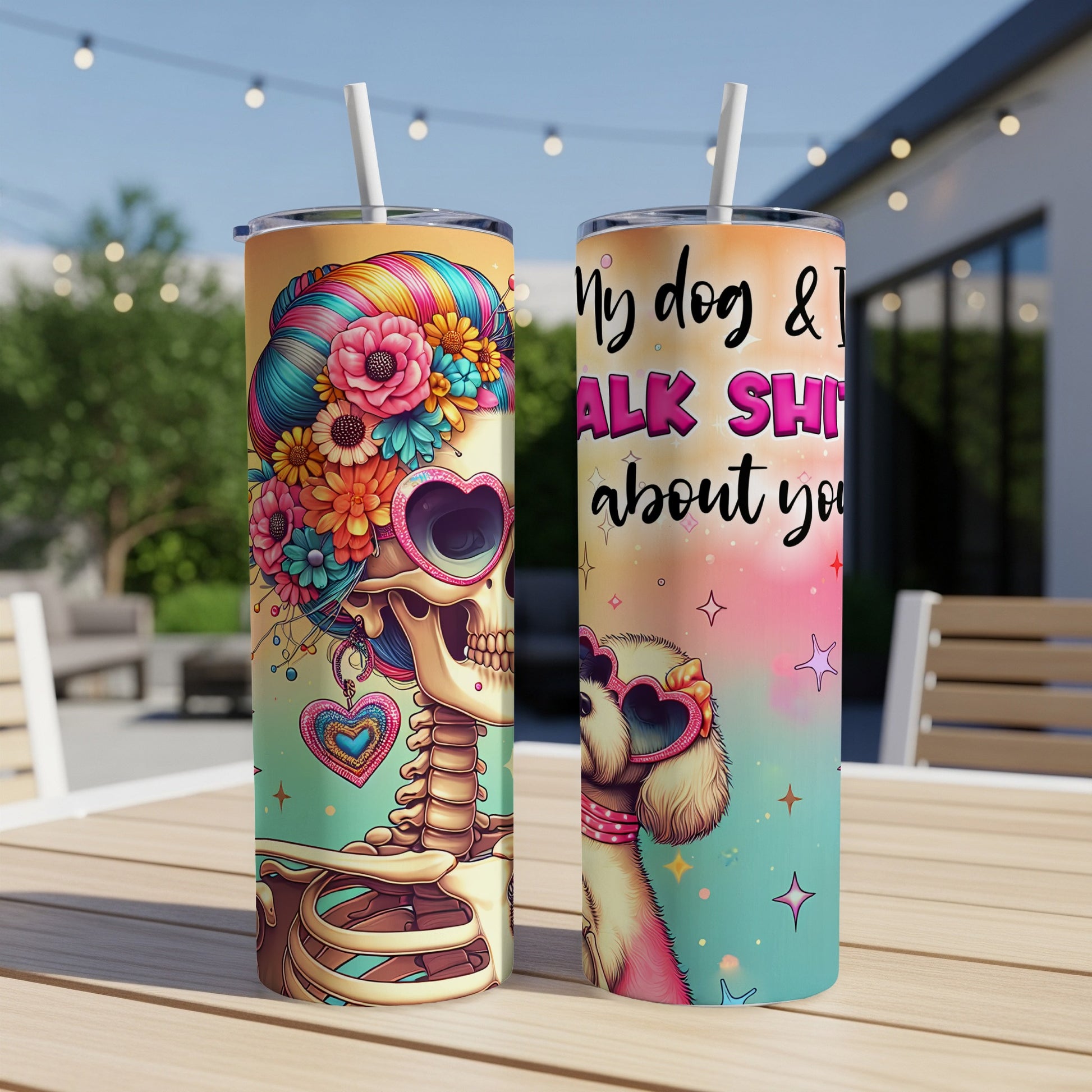 Skeleton and dog tumblers with floral and glitter designs.