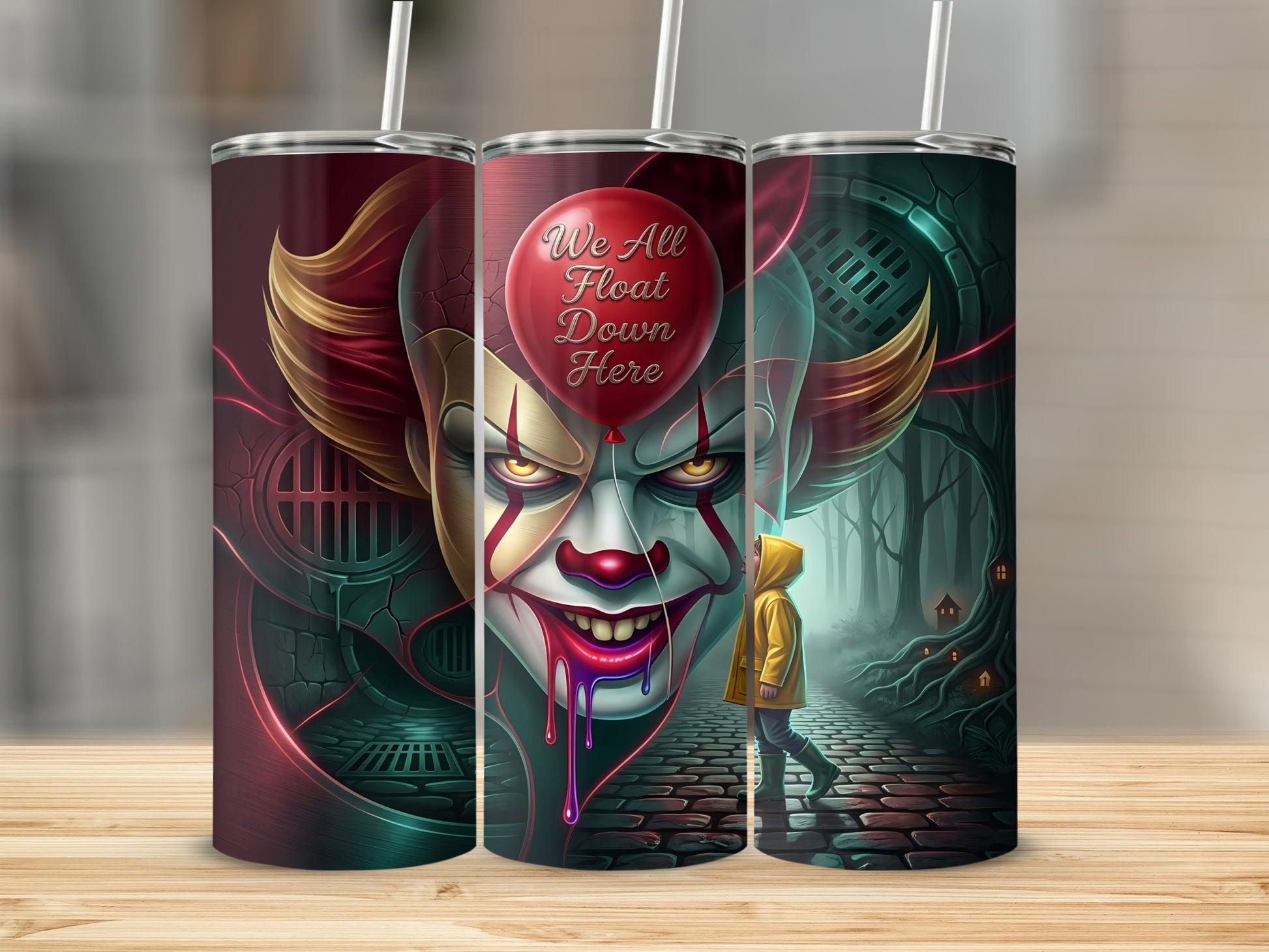 Three tumblers with Pennywise the Clown and a child in a yellow raincoat, text "We All Float Down Here".