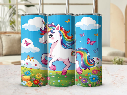 Unicorn with rainbow mane and tail on a whimsical floral and butterfly background.